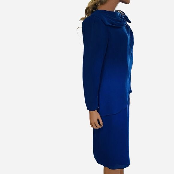 Vtg Dress 80s Long Sleeve Evening XLP Mother The Bride Modest Blue Sequins Midi - Picture 4 of 16